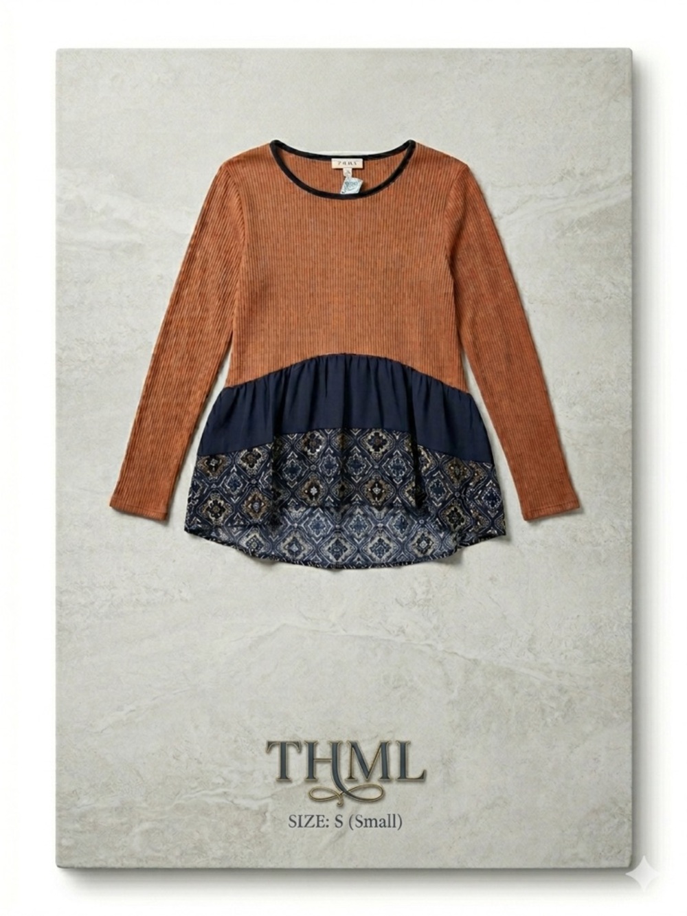 THML Mixed‎ Media Boho Tiered Ruffle Hem Blouse/Top Burnt Orange Navy Size S
